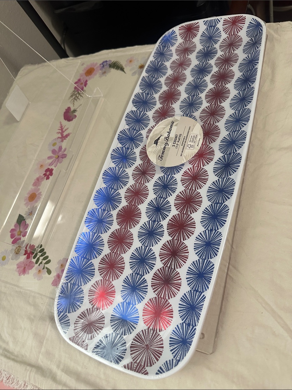 Set of 3 Tommy Bahama Rectangular Tray with Blue and Red Starburst Motif NWT
